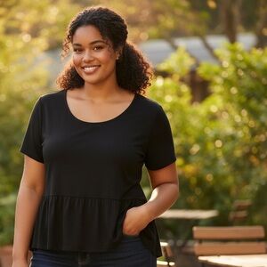 JustFab Scoop Neck Short Sleeve Ruffle Peplum Black Blouse